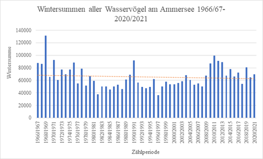 Abbildung 4: Entwicklung der Wintersummen aller Wasservogelarten am Ammersee (Sep.-Apr. von 1966/67-2020/21)