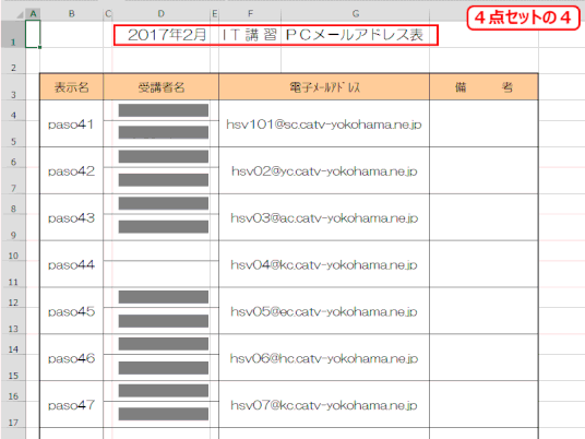 配布資料に出力された「４点セット」のその４「活用講座ＰＣメールアドレス表」（「IT講習」は「活用講座」と読み替える）