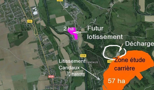 Situation # Zone étude de carrière : 57 ha et futur lotissement écolo 2 ha