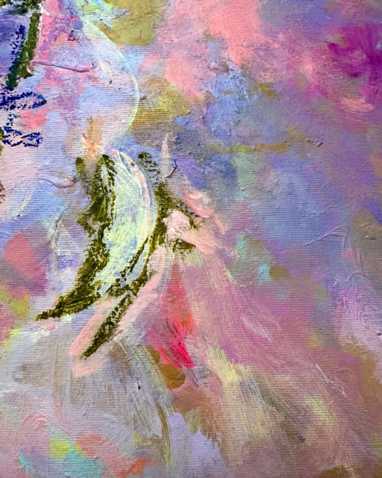 Salbeigrün und neonpink Ölpastell und Acryl auf natürlicher Leinwand, mit Farbverläufen und meditativer Stimmung, Detailaufnahme der Pinselstrukturen,