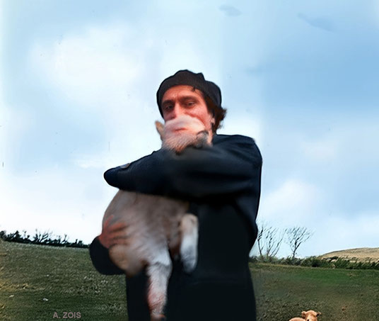 18th September, 1931. Meher Baba holding a lamb. Image rendition by Anthony Zois.
