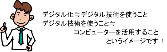 デジタル化≒デジタル技術を使うこと　デジタル技術を使うこと≒コンピューターを活用すること　というイメージです！