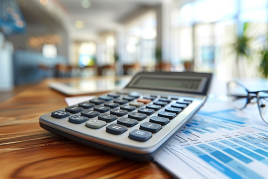 見晴らしの良いオフィスのデスクに置かれたグラフの資料と電卓、眼鏡。