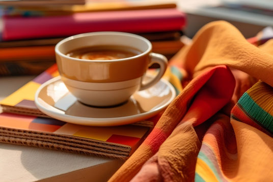 積まれたリングノートのうえに置かれたコーヒーの入ったカップ&ソーサ。隣に積まれた本とストール。