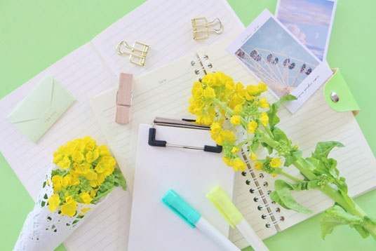 ページがめくられたリングノート。サインペン。メモ帳。無造作に置かれた菜の花。試験勉強。