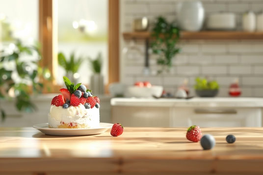 明るいキッチンでケーキ作り。イチゴとブルーベーリーがあしらわれたケーキ。