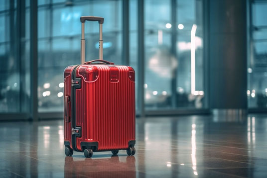 空港のフロアに置かれた赤色のスーツケース。飛行機の欠航。