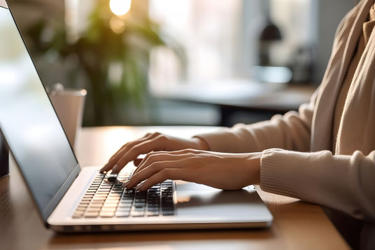 オフィスのデスクでノートパソコンに向かう女性。