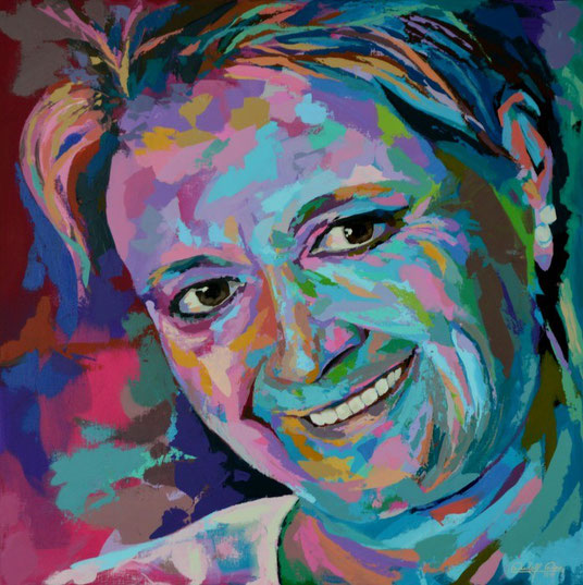 Ein mit dem Palettenmesser gespachteltes Frauenporträt in kräftigen bunten Farben.