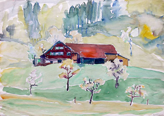 Hans Potthof Aquarell Bauernhaus mit Scheune