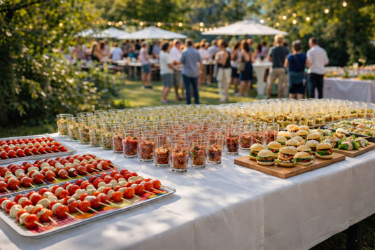 Fingerfood-Station mit kleinen Häppchen bei einem Firmen-Sommerfest