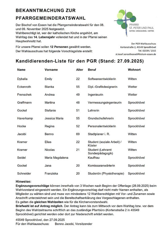 Wahlvorschlagsliste des Wahlvorstands zur PGR-Wahl 2025