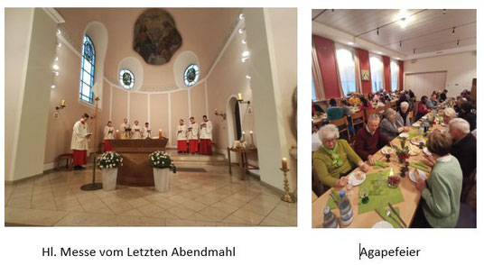 Fotocollage zeigt den Altarraum mit Priester und Messdienern sowie im zweiten Foto einen Blick in den Gemeindesaal bei der Agape-Feier