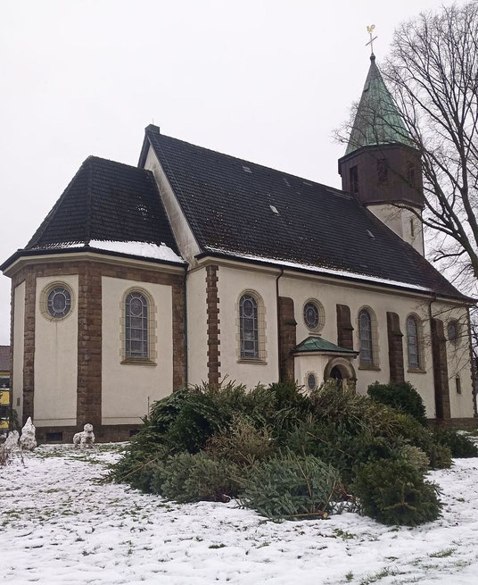Foto zeigt die Wiese vor der Kirche St. Josef. Auf der Wiese liegen die eingesammelten Weihnachtsbäume, die bei Osterfeuer verbrannt werden.