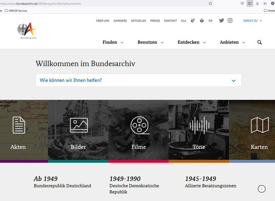 Startseite des Internetauftritts vom Bundesarchiv