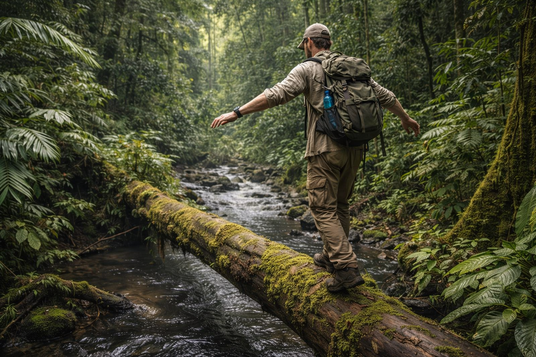 Tourist navigating a natural log bridge in the Peruvian Amazon during a multi-day jungle expedition