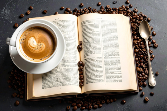ページがめくられた本とコーヒーの入ったカップ＆ソーサ。テーブルに散らばったコーヒー豆とコーヒースプーン。