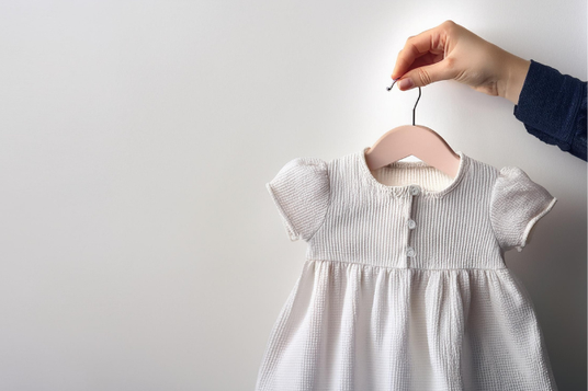 かわいい赤ちゃんの服がかかったハンガーを持つ手。