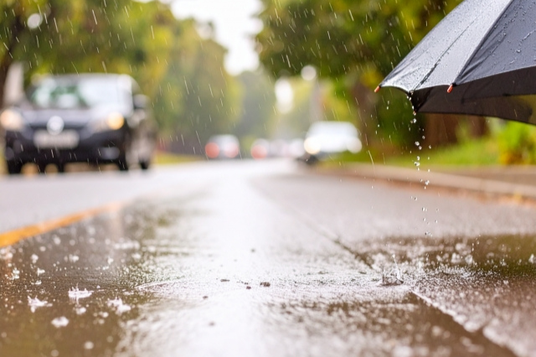 ゲリラ豪雨で濡れそぼる街路。