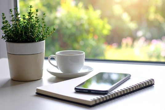 窓辺に置かれたリングノートとスマートフォン。コーヒーの入ったカップ&ソーサ。ハーブの鉢植。窓の外には緑が広がっている。