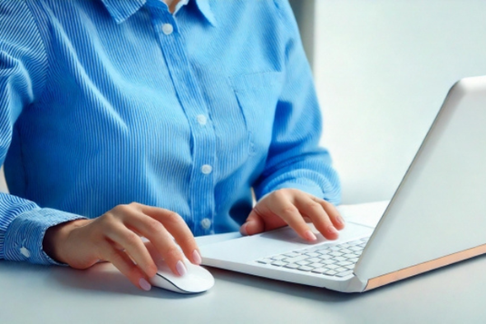 オフィスのデスクでノートパソコンに向かうシャツ姿の女性。