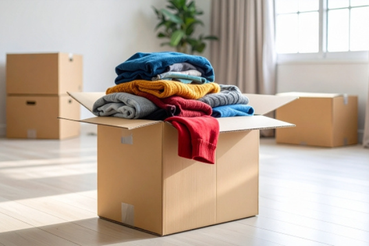 部屋に積まれた段ボール箱。衣服類が詰められた段ボール箱。引っ越し。転勤。