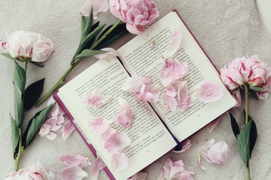 ページが開かれた洋書を囲むシャクヤクの花。本のページのうえに花びらが散らばっている。