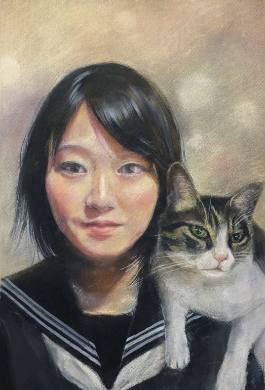 絵・若菜由三香　「少女と猫」　F4サイズ　パステル・アクリル画　2018年の肖像画