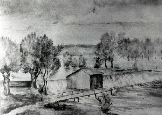 Das Badehaus (mit zwei Kabinen) nach einer Zeichnung von Otto Exsternbrink
