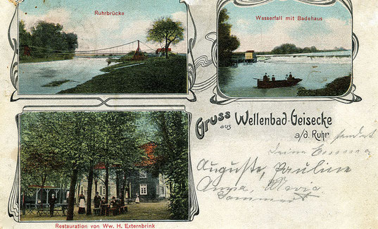 Postkarte vom Wellenbad mit Hängebrücke und Badehaus