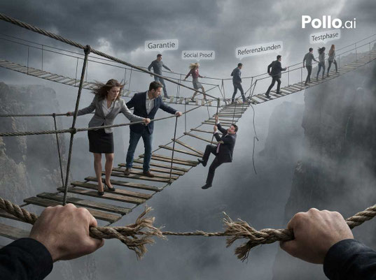 Auf einer beschädigten Seilbrücke gibt es mutige und ängstliche Menschen.