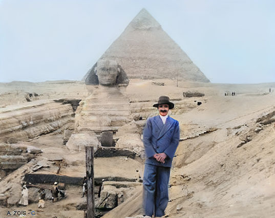  4. Meher Baba at The Sphinx & Pyramid of Chephrum at Gizeh, Cairo, Egypt - Jan.1st, 1933.