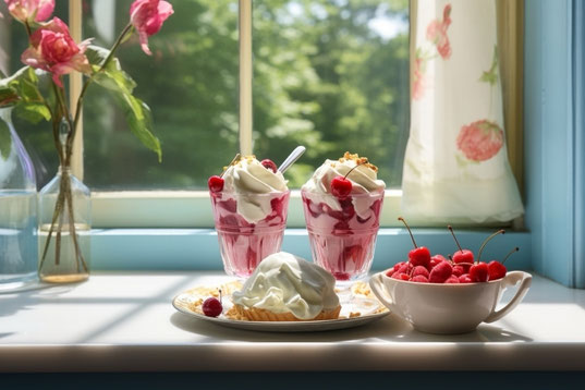 バラが飾られた窓辺。花柄のカーテン。ケーキとパフェ。さくらんぼが盛り付けられた器。休日。