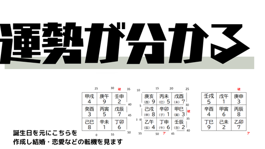九星盤で流年法という技法を使い未来過去を占い、病気やトラブル。婚期、恋愛、仕事を予知いたします。１０年の長いスパンの運勢から５年、１年の短期の運勢まで鑑定可能。泰山流四柱推命とか合わせて占うことで細かな運勢を鑑定いたします。