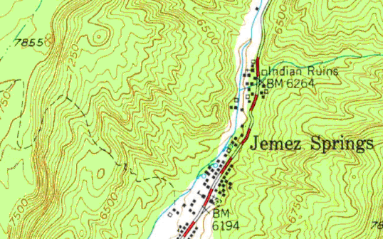 USGS map, Jemez Springs, Jemez River Canyon, Santa Fe National Forest, Jemez Mountains, New Mexico