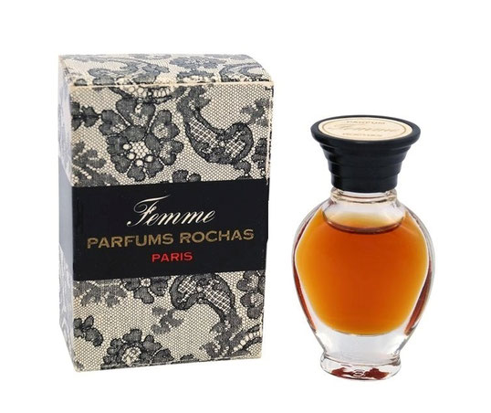 PARFUMS ROCHAS : FEMME ANCIENNE MINIATURE FORME AMPHORE LARGE, SANS SERIGRAPHIE - BOÎTE FACON DENTELLE