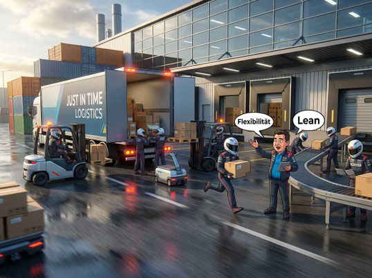 Just in Time - in einem Cartoon wird ein LKW im Formel 1 Boxenstopp Stil entladen