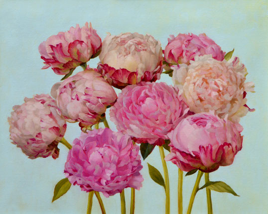 Jenny Kelley, "Peonies with Blue," 2020, oil on linen over panel, 16 x 12 inches
