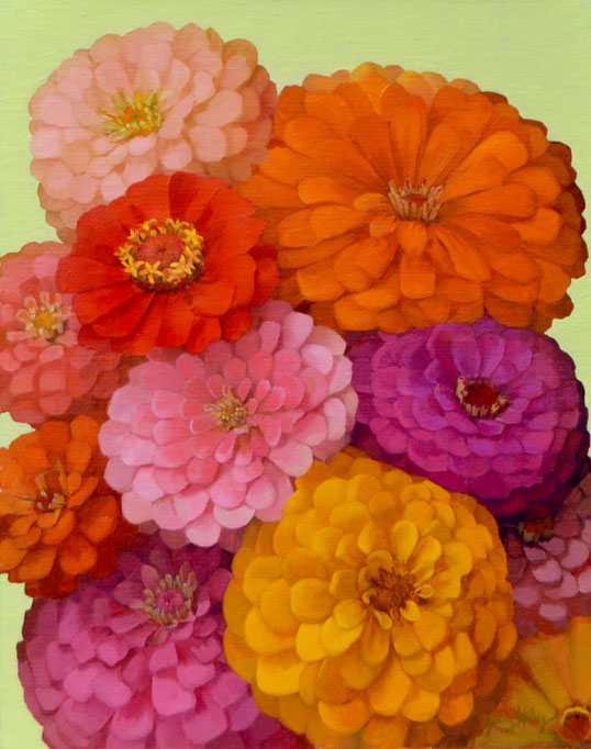 Jenny Kelley, "Zinnias," 2020, oil on linen over panel, 14 x 11 inches