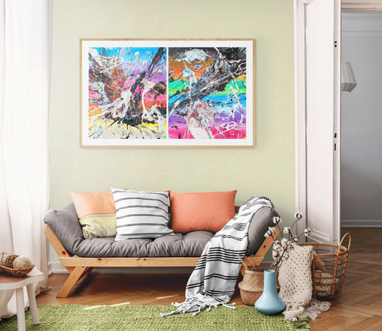 Sarah Esslinger-Dahlmann, Übergänge I und II (Thema Farbverlauf/Übergänge), Mai 2025, je 60 x 70 cm, gesamt 120 x 70 cm, Mischtechnik auf Leinwand, abstraktes, kraftvolles, farbintensives Werk, Wohnraum, Farbverlauf weiß zu hellblau, pink zu schwarz