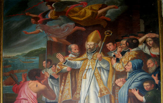 Miracle d'Alexandre Sauli , évêque d'Aleria résidant à Cervione. En 1584, il déclenche une tempête pour faire fuir les Sarrazins. (d'après Domenico Fiasella peintre baroque génois 17è s.)