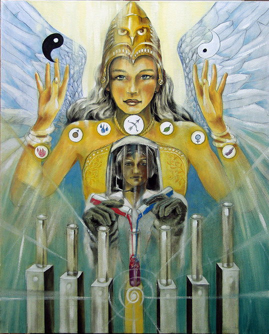 Die Mäßigkeit (Alchemie) Die Zahl 14 / Sakis-Tarot, gemalt von Jopie Bopp, Wandbild Tarotkarte Hochformat, Farbe Gelb