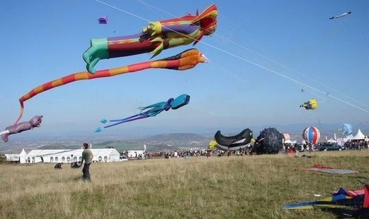 Ci-dessus, de grands monofils ou structures gonflables sur le Plateau de Gergovie pendant son festival annuel : Cervolix.