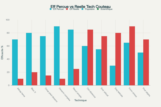 Comparaison entre l'efficacité perçue et réelle des techniques de défense contre les couteaux