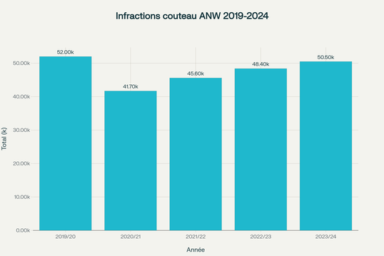 Évolution du nombre d'infractions impliquant un couteau en Angleterre et au pays de Galles entre 2019 et 2024