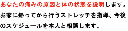 あなたの痛みの原因と体の状態を説明します。お家に帰ってから行うストレッチを指導、今後のスケジュールを本人と相談します