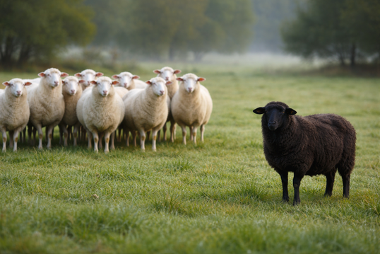 9 weiße Schafe schauen auf ein ausgegrenztes schwarzes Schaf
