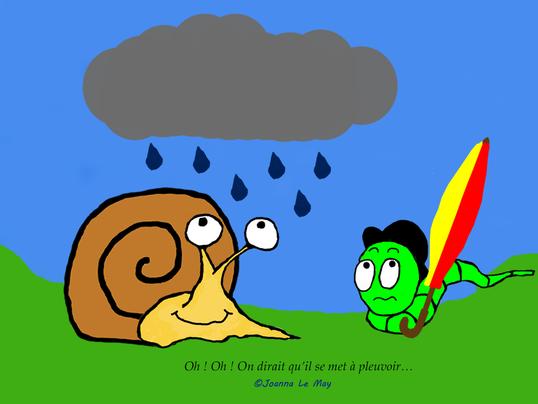 Extrait du livre pour iPad pour apprendre l'anglais aux enfants montrant un escargot et un vers qui regardent la pluie.