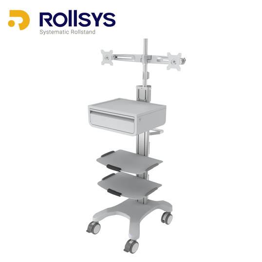 Rollsys 医療向け 医療装置用システムカート トレイ2枚+引出収納 デュアルディスプレイマウント