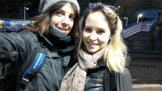 Jill and Irene as early birds at the train station in London